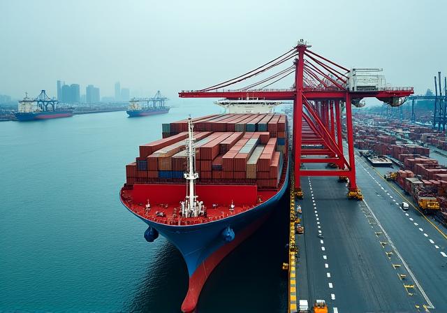 A container ship at a busy port, symbolizing global trade and logistics.
